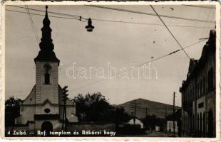 Zsibó, Jibou; Református templom és Rákóczi hegy. Végh Dávid kiadása / Calvinist church, street view...