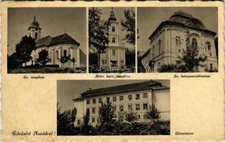 1941 Aszód, Evangélikus templom és leánynevelő intézet, Római katolikus templom, gimnázium (gyűrődés...