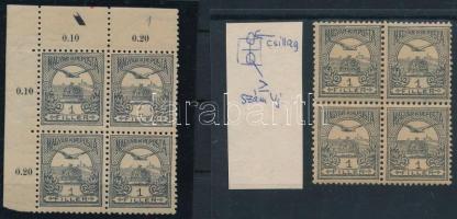 1900 2 db Turul 1f négyestömb eltérő színárnyalatban, egyiken nyomdai jelzés az ívszélen, a másikon ...