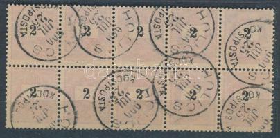 1899 2kr 10-es tömb lemezösszefüggés, csillagvízjellel, 1. vízjelállás