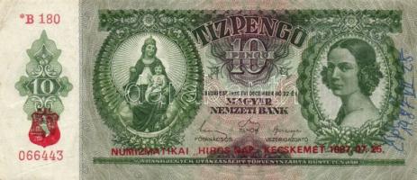 1936. 10P sorozatszám előtt "*", a pénzen szereplő hölgy saját kezű aláírásával, kecskeméti numizmatikai kiállítás bélyegzéssel T:2-