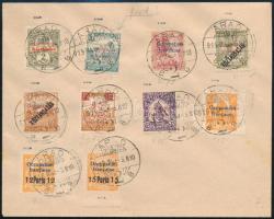 Arad 1919 10 db bélyeg címzetlen borítékon "ARAD" bélyegzéssel, közte fordított felülnyomá...