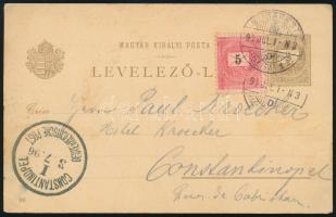1896 2kr millenniumi díjjegyes levelezőlap 5kr díjkiegészítéssel Konstantinápolyba küldve. Ritka des...