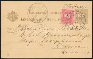 1898 2kr millenniumi díjjegyes levelezőlap 5kr díjkiegészítéssel Romániába küldve, "PAKRACZ-BAR...