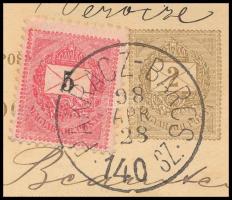 1898 2kr millenniumi díjjegyes levelezőlap 5kr díjkiegészítéssel Romániába küldve, "PAKRACZ-BAR...