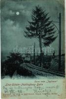 1898 Linz, Urfahr, Pöstlingberg-Bahn, Curve beim Jaglbauer. Adolf Nunwarz / railway at night in moon...