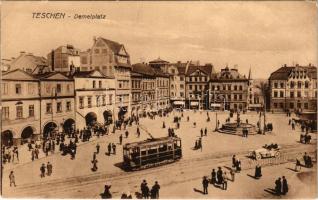 1915 Cieszyn, Teschen; Demelplatz, Apotheke. Kutzer &amp; Cie. / square, tram, pharmacy, shops (...