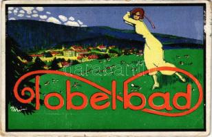 1915 Tobelbad / Styrian sanatorium advertising art postcard with lady playing golf. Kunossy Műintéze...