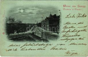 1898 Eszék, Essegg, Osijek; látkép este holdfényben, lóvasút. Victor Fritsche kiadása / general view...