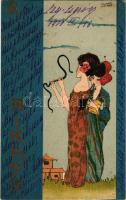 1900 Mikado IV. Art Nouveau litho lady art postcard, geishas with flute and snake s: Raphael Kirchne...