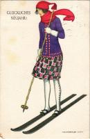 1914 Glückliches Neujahr / Síelő hölgy művészlap újévi üdvözlettel / Skiing lady art postcard with s...