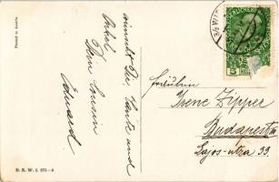 1914 Glückliches Neujahr / Síelő hölgy művészlap újévi üdvözlettel / Skiing lady art postcard with s...