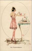 Für Feinschmecker / Slightly erotic lady art postcard with fur and perfumes. A.R. &amp; C.i.B. N...