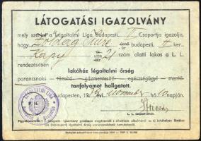 1939 Bp., A Légoltalmi Liga által kiállított látogatási igazolvány tanfolyam elvégzéséről