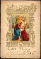 1886 Litográf képpel díszített elsőáldozási oklevél, kis sarokhiánnyal