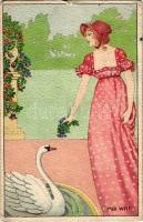 1917 Wiener Art Nouveau postcard, lady with swan. B.K.W.I. 656-1. s: Mia Witt (Rb)