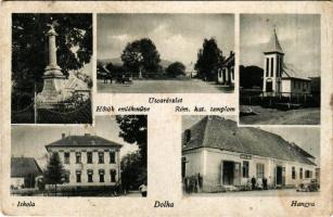 1944 Dolha, Dovhe; utcarészlet, hősök emlékműve, római katolikus templom, iskola, Hangya üzlete, aut...