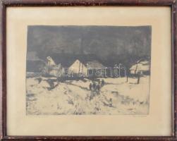 Szemerédy Miklós (-): Tél Sárospatakon. Rézkarc, papír, jelzett, 21x29 cm, üvegezett fakeretben