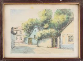 Kremmer jelzéssel: Utcarészlet (Tabán?), 1935. Akvarellel színezett nyomat, papír, üvegezett keretbe...