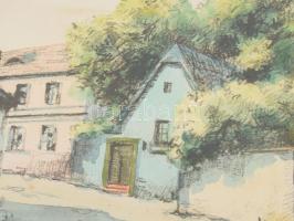 Kremmer jelzéssel: Utcarészlet (Tabán?), 1935. Akvarellel színezett nyomat, papír, üvegezett keretbe...