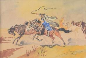 Olvashatatlan jelzéssel: Csikós lovakkal. Akvarell, papír, üvegezett fakeretben, 17,5×25 cm