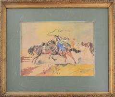 Olvashatatlan jelzéssel: Csikós lovakkal. Akvarell, papír, üvegezett fakeretben, 17,5×25 cm