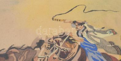 Olvashatatlan jelzéssel: Csikós lovakkal. Akvarell, papír, üvegezett fakeretben, 17,5×25 cm