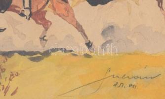 Olvashatatlan jelzéssel: Csikós lovakkal. Akvarell, papír, üvegezett fakeretben, 17,5×25 cm
