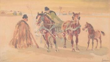 Olvashatatlan jelzéssel: Lovaskocsi csikóval. Akvarell, ceruza, papír, üvegezett fakeretben, 16×24,5...