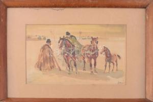 Olvashatatlan jelzéssel: Lovaskocsi csikóval. Akvarell, ceruza, papír, üvegezett fakeretben, 16×24,5...