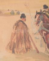 Olvashatatlan jelzéssel: Lovaskocsi csikóval. Akvarell, ceruza, papír, üvegezett fakeretben, 16×24,5...