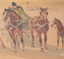 Olvashatatlan jelzéssel: Lovaskocsi csikóval. Akvarell, ceruza, papír, üvegezett fakeretben, 16×24,5...