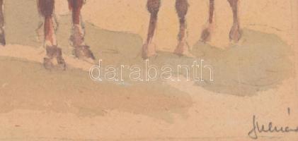 Olvashatatlan jelzéssel: Lovaskocsi csikóval. Akvarell, ceruza, papír, üvegezett fakeretben, 16×24,5...