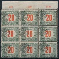 Nagyvárad 1919 Portó 20f ívszéli 9-es tömb elcsúszott felülnyomással (rozsdafoltok / stain spots)
S...
