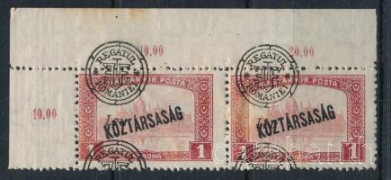 Nagyvárad 1919 Parlament/Köztársaság 1K elcsúszott felülnyomással (foltok / spots) Signed: Bodor