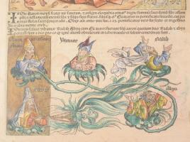 1493 Ősnyomtatvány. A Schedel krónika egy nagyon dekoratív kézzel színezett lapja. Az egyik oldalon ...