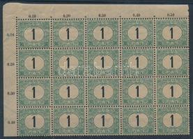 1903 Zöldportó 1f ívsarki 20-as tömb 11 3/4 : 12 fogazással, ekkora tömb nagyon ritka! / Mi P 1 bloc...