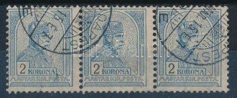 1904 Turul 2K hármascsík 2. vízjelállással, elfogazva / Mi 88 stripe of 3, watermark position 2., sh...