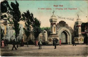1924 Budapest XIV. Városliget, Angol Park vidámpark, A kelet kapuja, Néger falu. Hátoldalon reklám (...