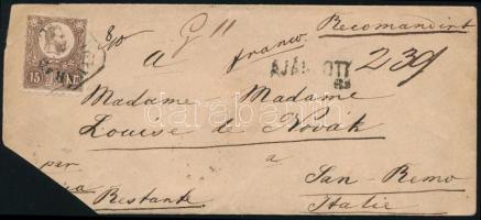 1871 Réznyomat 15kr + hátoldalon 10kr centrált bélyegek levágott sarkú ajánlott levélen Olaszországb...