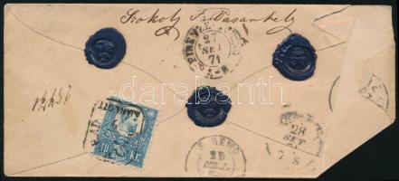 1871 Réznyomat 15kr + hátoldalon 10kr centrált bélyegek levágott sarkú ajánlott levélen Olaszországb...