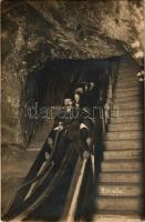 Berchtesgaden, Rutsche ins Salzbergwerk / salt mine, interior, tourists on a mining slide. photo (fl...