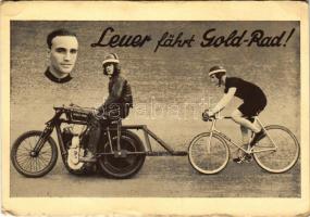 Leuer fährt Gold-Rad. Dauerfahrer A. Leuer, Köln. Erfoglreichster Nachwuchsfahrer fährt Gold-Rad, da...