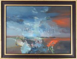 Kárpáti Gusztáv (1941-2013): Táj kazlakkal. Olaj, farost, jelzett, hátoldalán Képcsarnok Vállalat és...