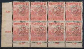 Nagyvárad 1919 Magyar Posta 10f ívsarki 8-as tömb elcsúszott felülnyomással (nagy saroktörés, ráncok...