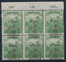 Nagyvárad 1919 Arató 5f ívszéli 6-os tömb elcsúszott felülnyomással / margin block of 6 with shifted...