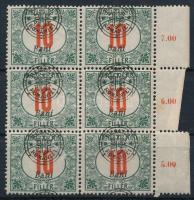 Nagyvárad 1919 Portó 10f ívszéli 6-os tömb elcsúszott felülnyomással (rozsda, betapadás) / margin bl...