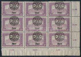 Nagyvárad 1919 Parlament 50f ívsarki 9-es tömb elcsúszott felülnyomással / corner block of 9 with sh...