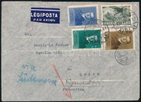 1938 Légi levél 8,80P magas légi díjszabással, hátoldalon érvénytelen 1P és 50f bélyeggel, Budapestr...