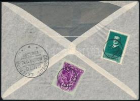 1938 Légi levél 8,80P magas légi díjszabással, hátoldalon érvénytelen 1P és 50f bélyeggel, Budapestr...